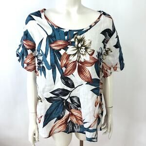 C&C California Plus 2X 100% Linen Top Shirt Floral All Over Print White MINT